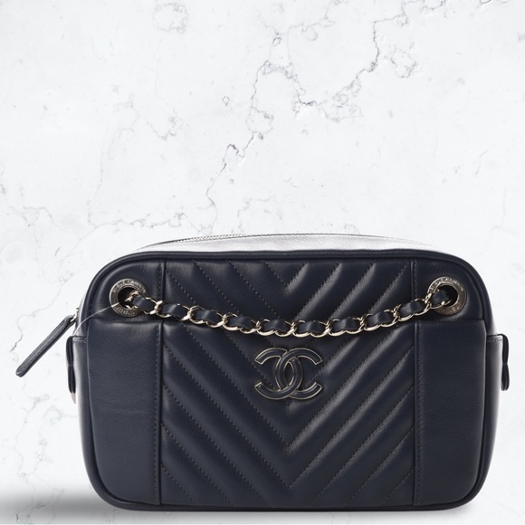 CHANEL Handbags - Chanel Calfskin Quilted Daily Chevron Camera Case Navy Blue